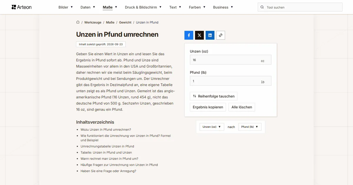 Screenshot des kostenlosen Arteon-Werkzeugs: Unzen in Pfund umrechnen