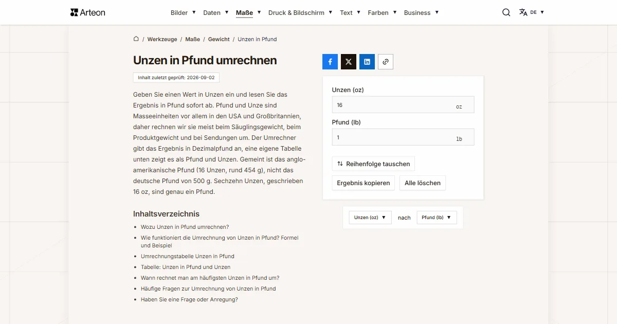 Screenshot des kostenlosen Arteon-Werkzeugs: Unzen in Pfund umrechnen