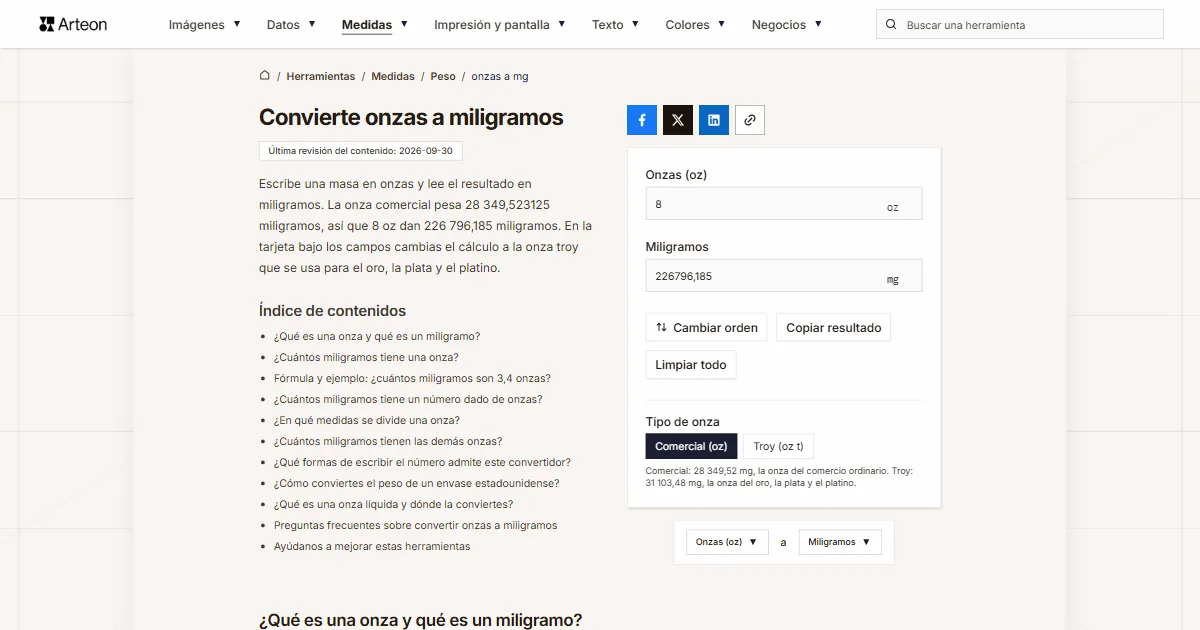 Captura de pantalla de la herramienta gratuita de Arteon: Convierte onzas a miligramos