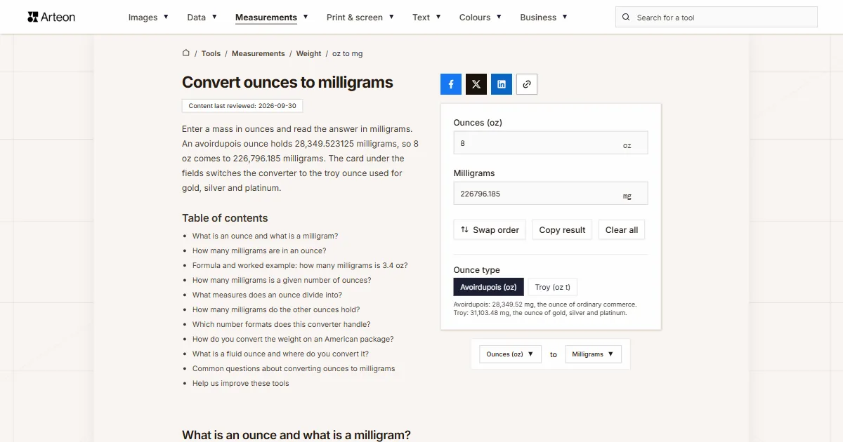 Arteon free tool screenshot: Convert ounces to milligrams