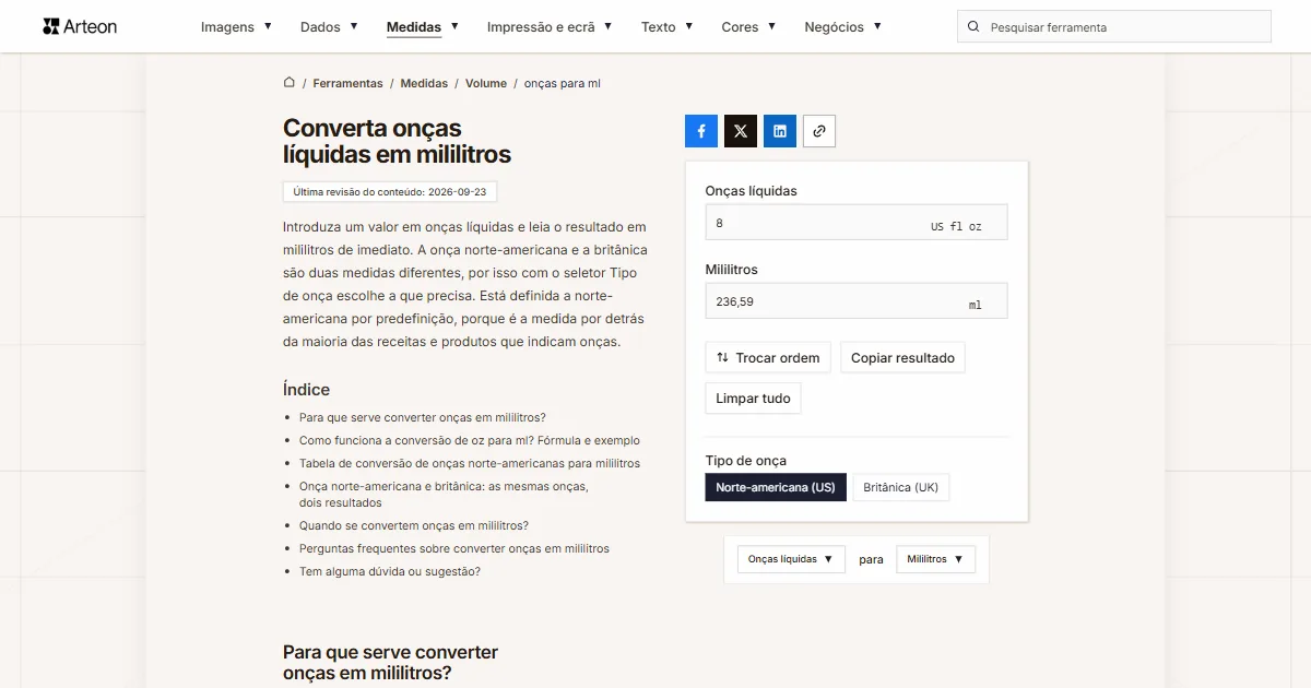 Captura de ecrã da ferramenta gratuita da Arteon: Converta onças líquidas em mililitros