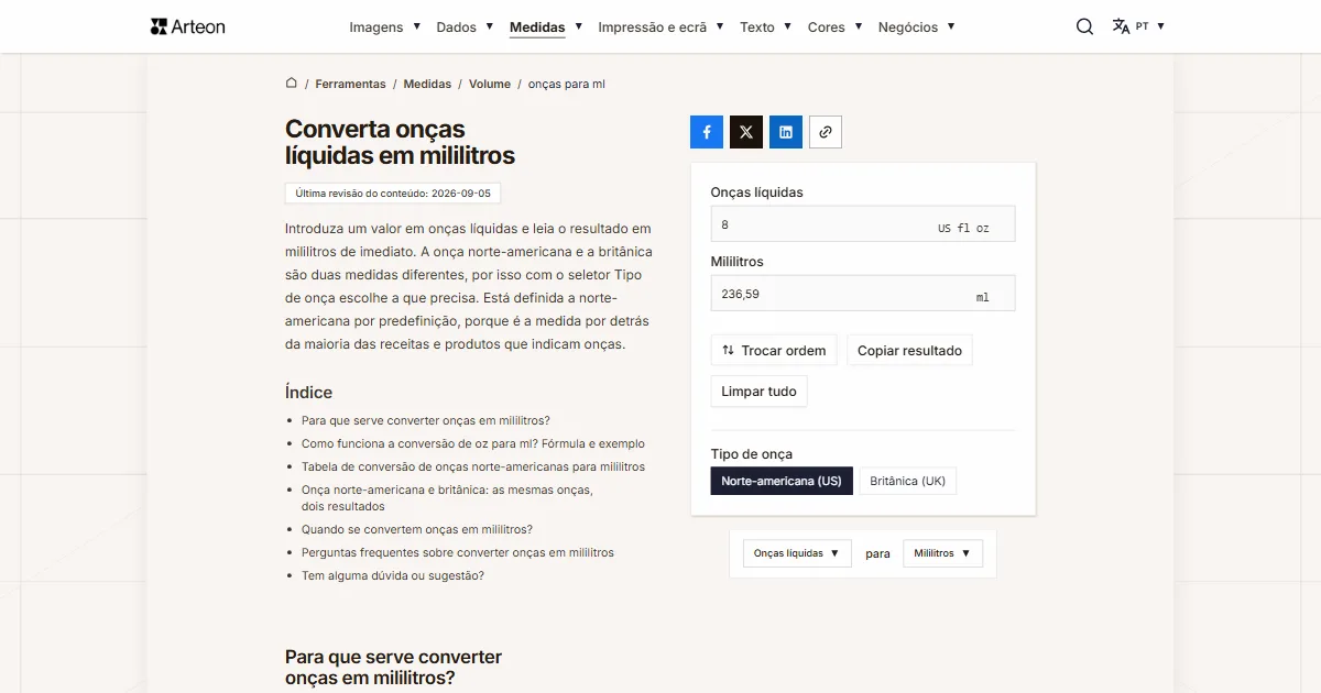 Captura de ecrã da ferramenta gratuita da Arteon: Converta onças líquidas em mililitros