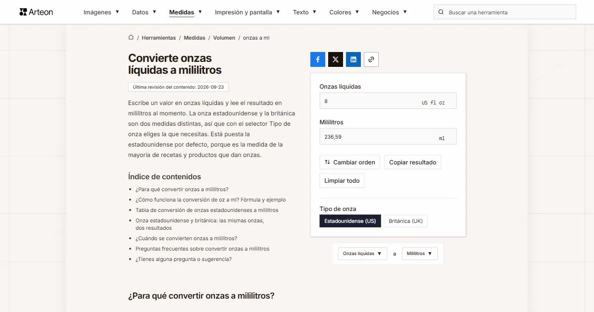 Captura de pantalla de la herramienta gratuita de Arteon: Convierte onzas líquidas a mililitros