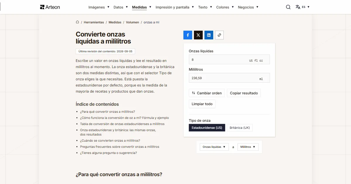Captura de pantalla de la herramienta gratuita de Arteon: Convierte onzas líquidas a mililitros