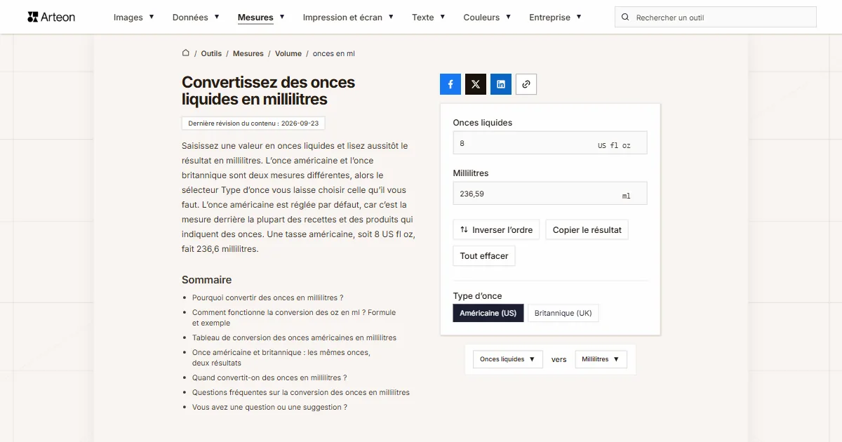 Capture d'écran de l'outil gratuit d'Arteon: Convertissez des onces liquides en millilitres