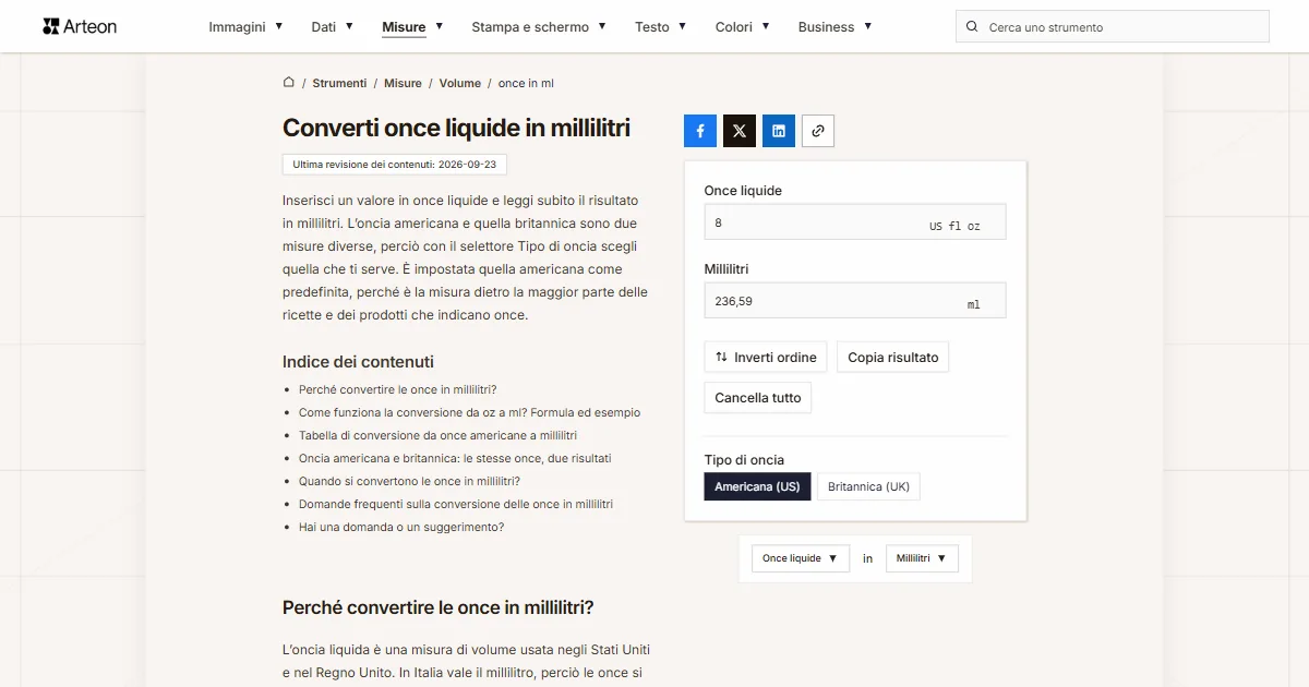 Screenshot dello strumento gratuito Arteon: Converti once liquide in millilitri