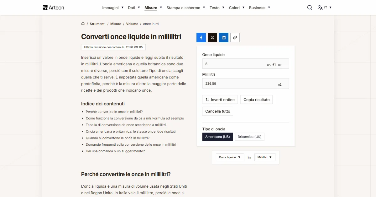 Screenshot dello strumento gratuito Arteon: Converti once liquide in millilitri