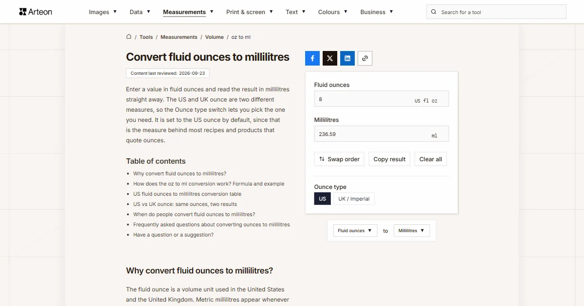 Arteon free tool screenshot: Convert fluid ounces to millilitres