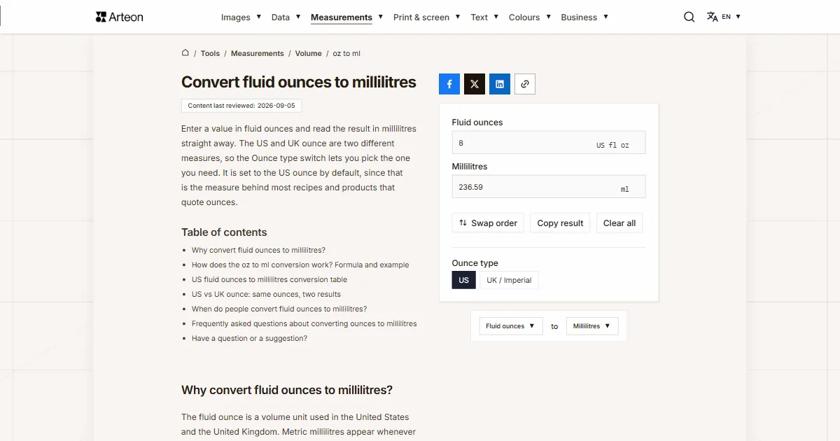 Arteon free tool screenshot: Convert fluid ounces to millilitres