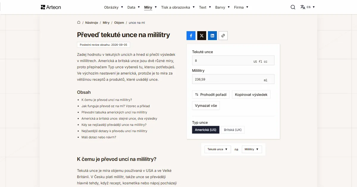 Snímek obrazovky bezplatného nástroje Arteon: Převeď tekuté unce na mililitry