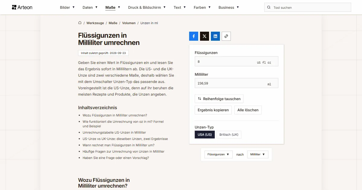 Screenshot des kostenlosen Arteon-Werkzeugs: Flüssigunzen in Milliliter umrechnen