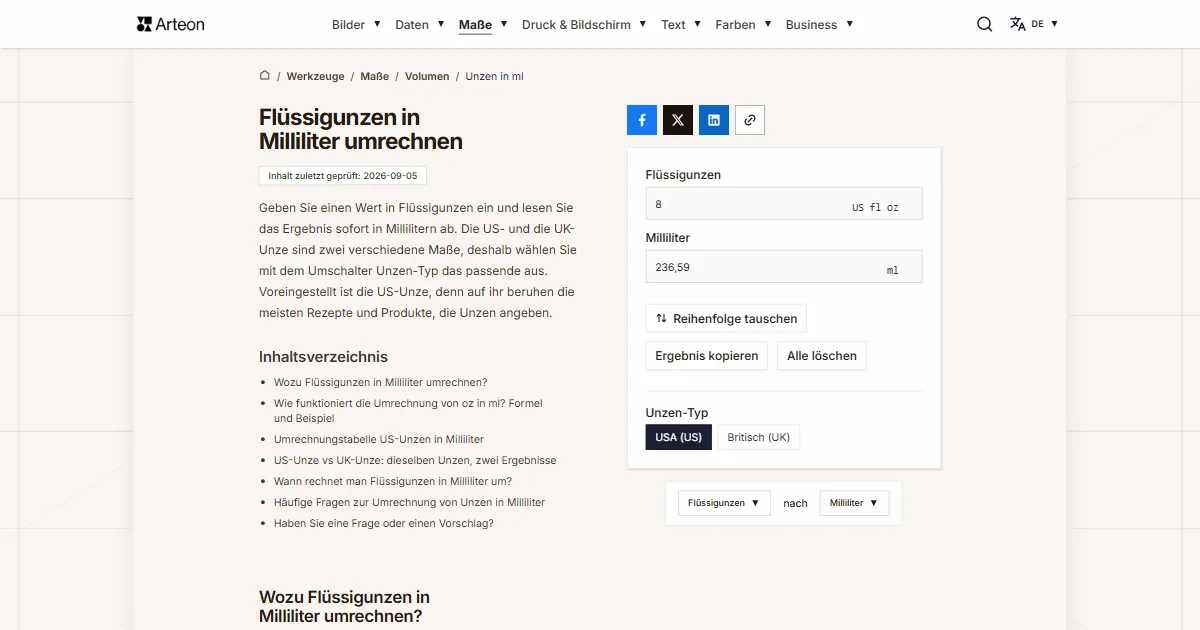 Screenshot des kostenlosen Arteon-Werkzeugs: Flüssigunzen in Milliliter umrechnen