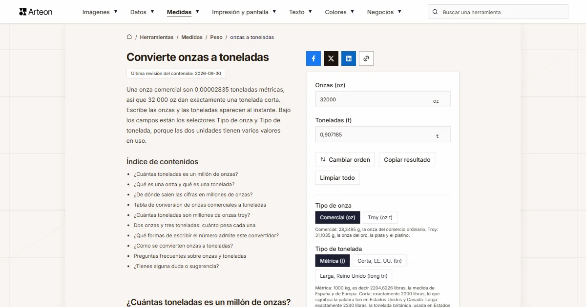 Captura de pantalla de la herramienta gratuita de Arteon: Convierte onzas a toneladas