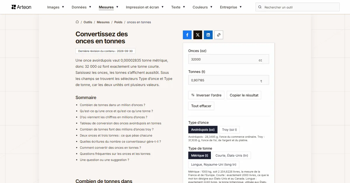 Capture d'écran de l'outil gratuit d'Arteon: Convertissez des onces en tonnes