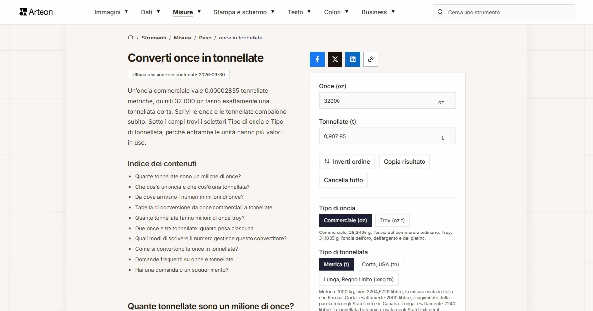 Screenshot dello strumento gratuito Arteon: Converti once in tonnellate