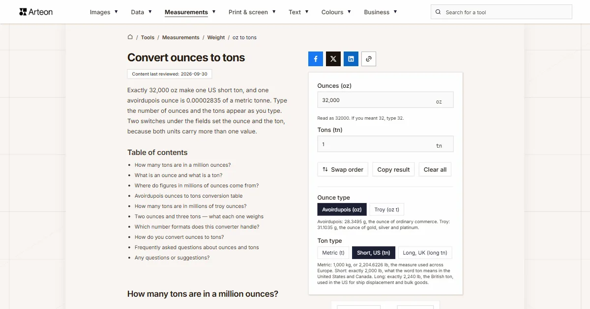 Arteon free tool screenshot: Convert ounces to tons