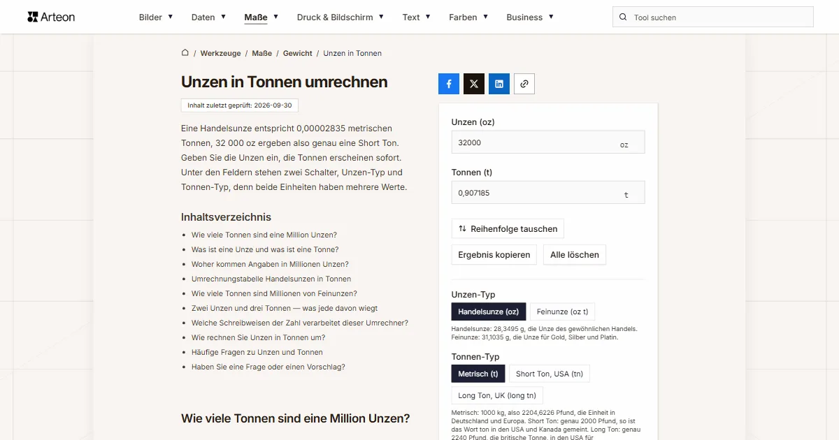 Screenshot des kostenlosen Arteon-Werkzeugs: Unzen in Tonnen umrechnen