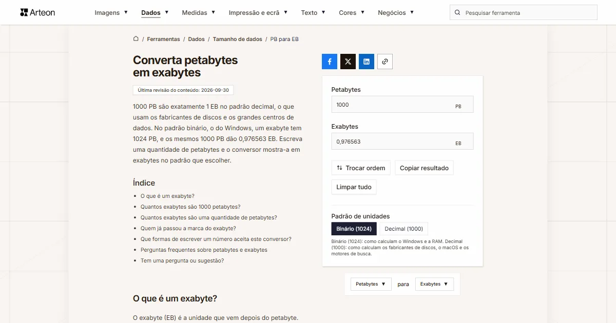 Captura de ecrã da ferramenta gratuita da Arteon: Converta petabytes em exabytes