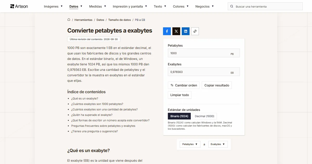Captura de pantalla de la herramienta gratuita de Arteon: Convierte petabytes a exabytes