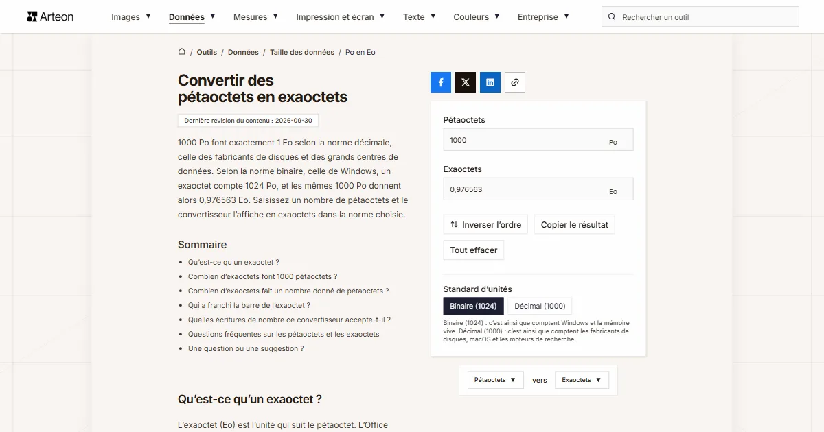 Capture d'écran de l'outil gratuit d'Arteon: Convertir des pétaoctets en exaoctets