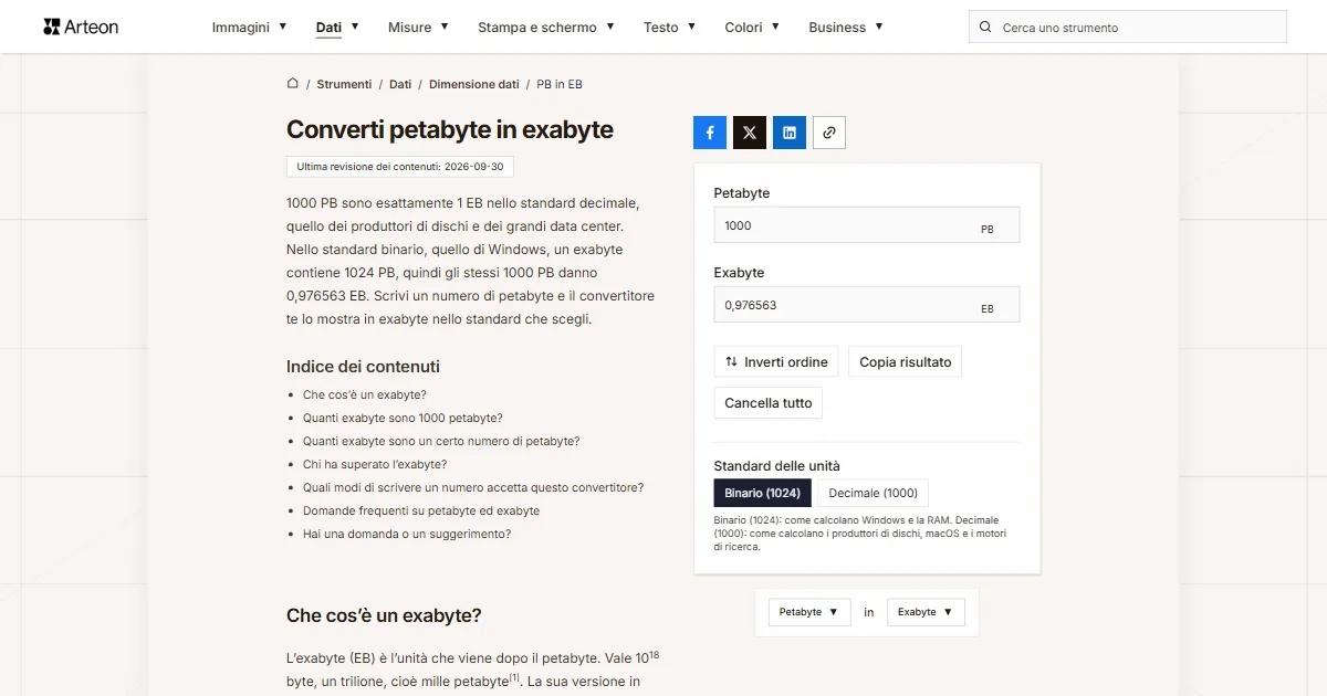 Screenshot dello strumento gratuito Arteon: Converti petabyte in exabyte
