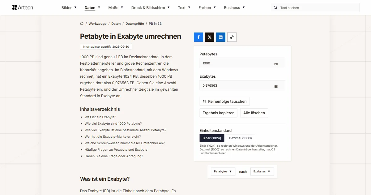 Screenshot des kostenlosen Arteon-Werkzeugs: Petabyte in Exabyte umrechnen