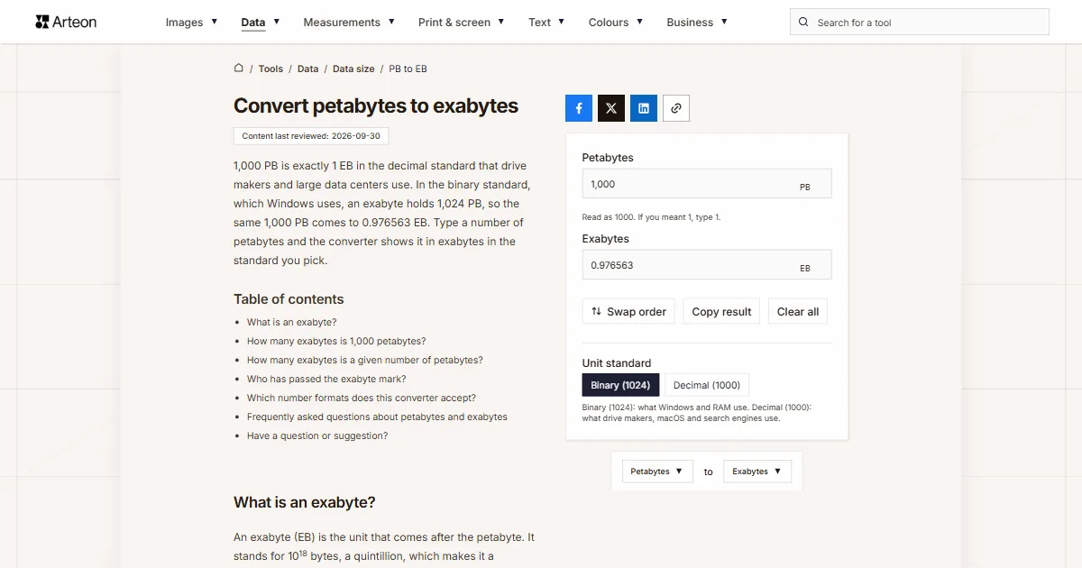 Arteon free tool screenshot: Convert petabytes to exabytes