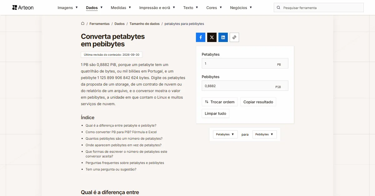 Captura de ecrã da ferramenta gratuita da Arteon: Converta petabytes em pebibytes