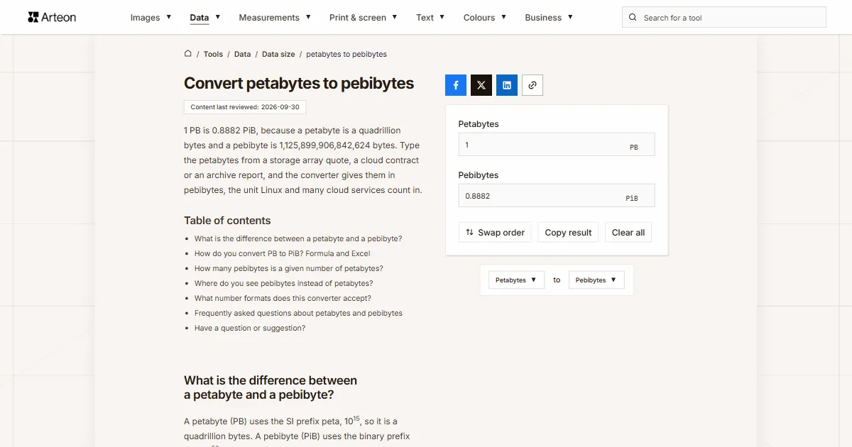 Arteon free tool screenshot: Convert petabytes to pebibytes