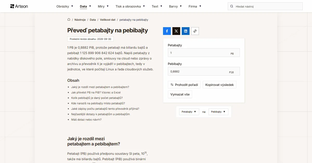 Snímek obrazovky bezplatného nástroje Arteon: Převeď petabajty na pebibajty
