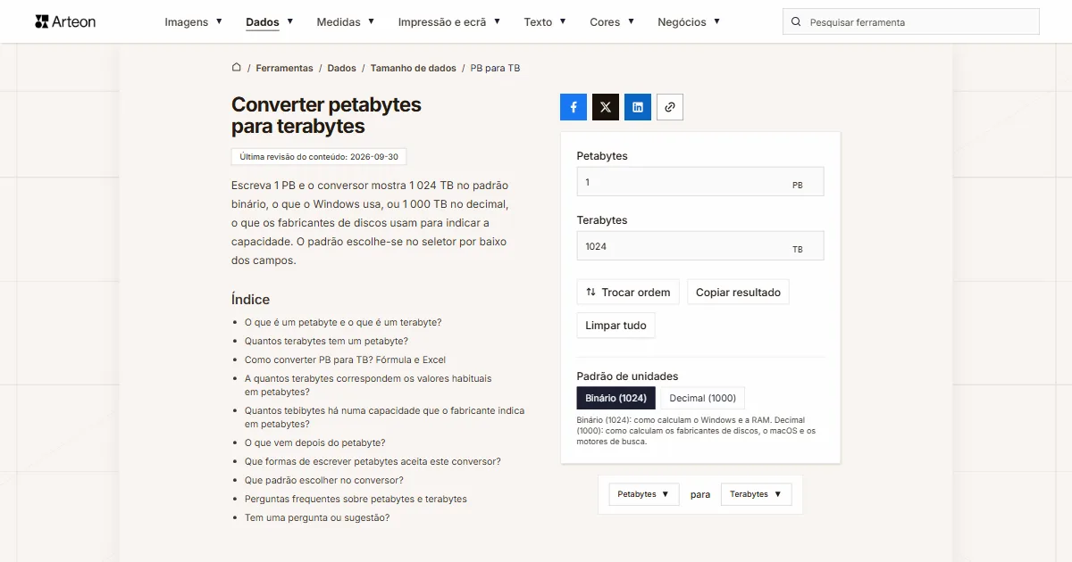 Captura de ecrã da ferramenta gratuita da Arteon: Converter petabytes para terabytes