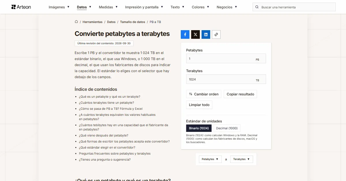 Captura de pantalla de la herramienta gratuita de Arteon: Convierte petabytes a terabytes