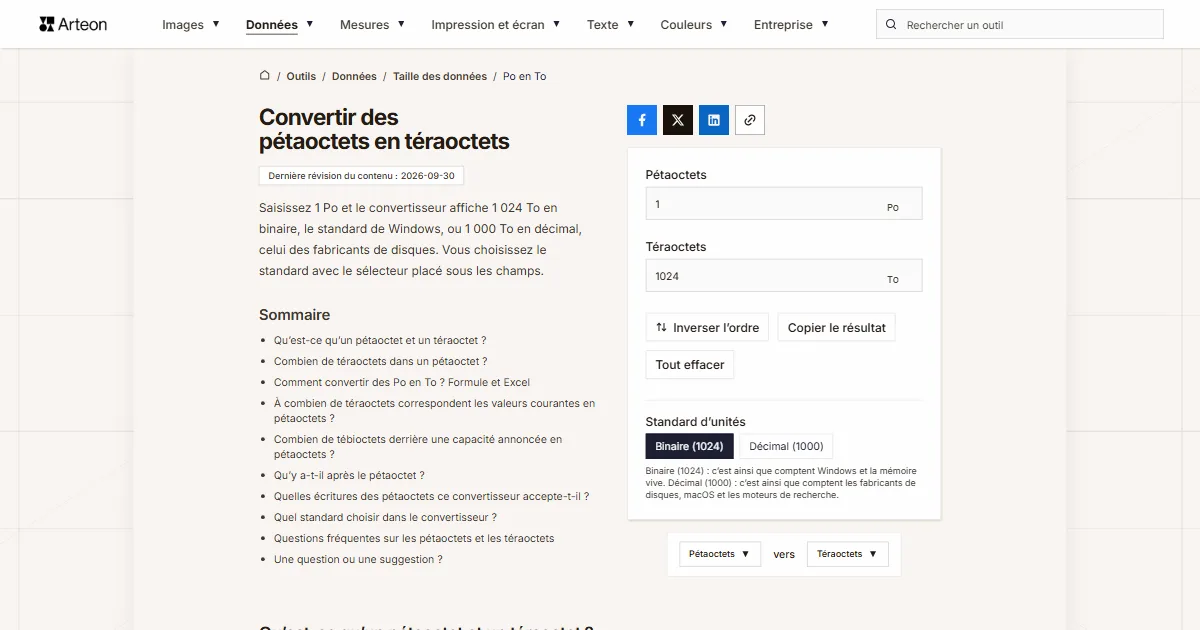 Capture d'écran de l'outil gratuit d'Arteon: Convertir des pétaoctets en téraoctets