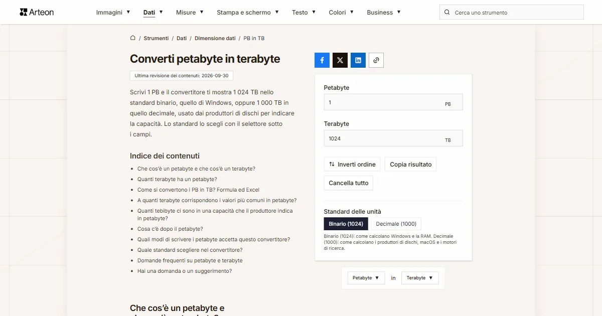 Screenshot dello strumento gratuito Arteon: Converti petabyte in terabyte