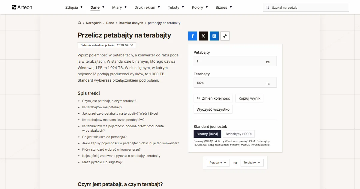 Zrzut ekranu darmowego narzędzia Arteon: Przelicz petabajty na terabajty