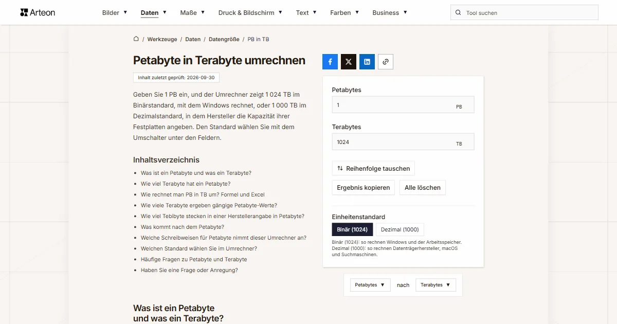 Screenshot des kostenlosen Arteon-Werkzeugs: Petabyte in Terabyte umrechnen