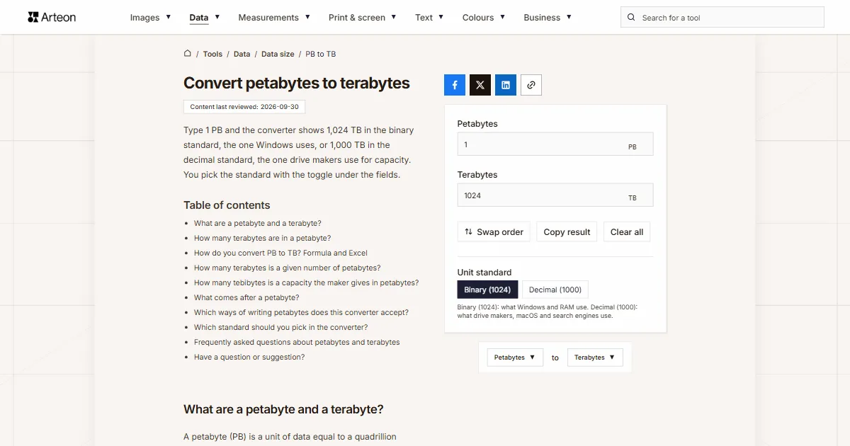 Arteon free tool screenshot: Convert petabytes to terabytes