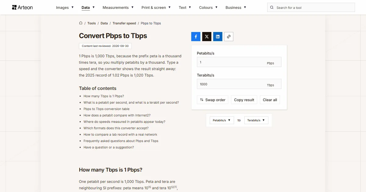 Arteon free tool screenshot: Convert Pbps to Tbps
