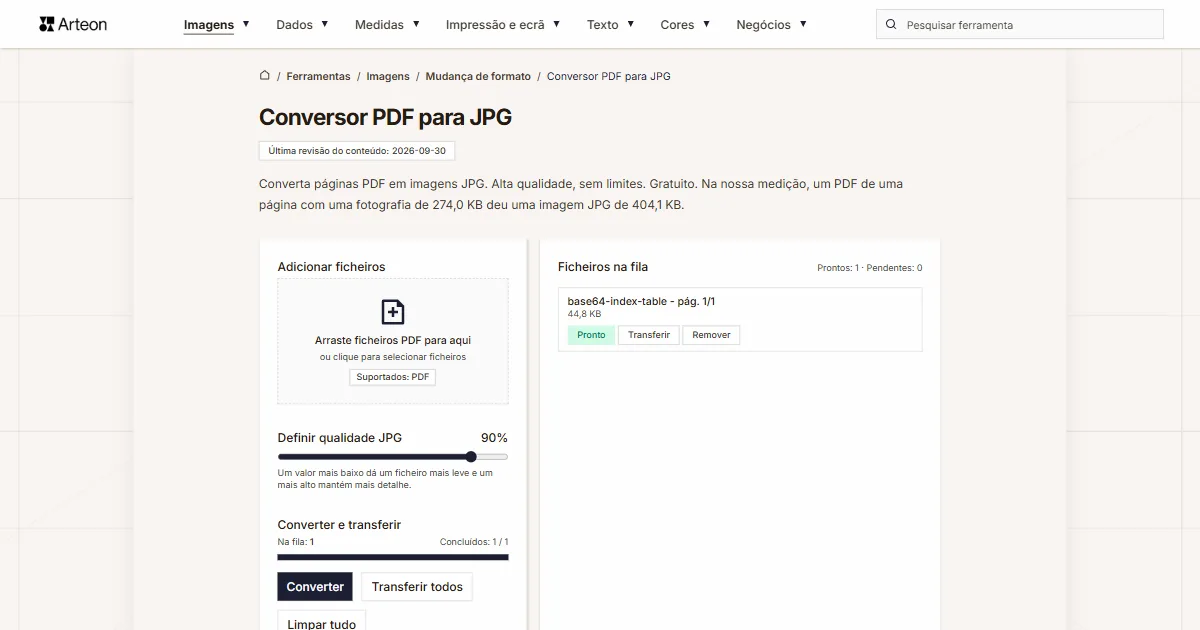 Captura de ecrã da ferramenta gratuita da Arteon: Conversor PDF para JPG