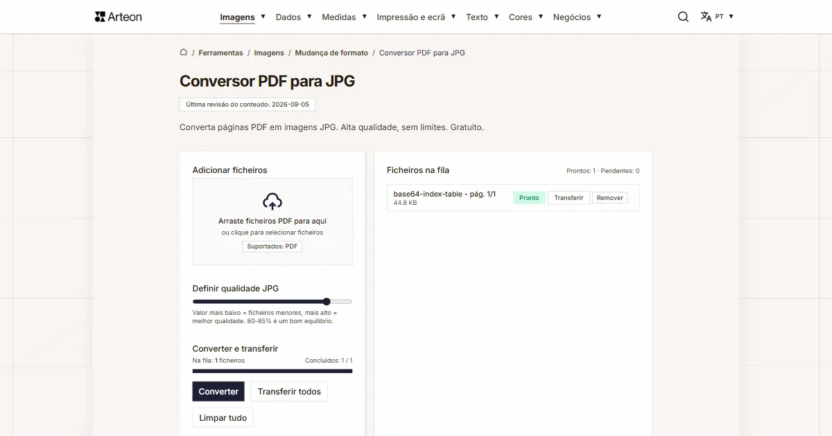 Captura de ecrã da ferramenta gratuita da Arteon: Conversor PDF para JPG