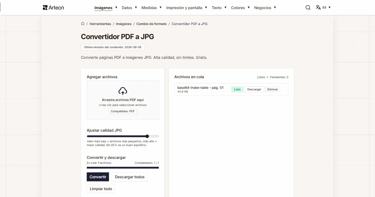Captura de pantalla de la herramienta gratuita de Arteon: Convertidor PDF a JPG