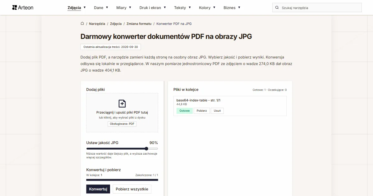 Zrzut ekranu darmowego narzędzia Arteon: Darmowy konwerter dokumentów PDF na obrazy JPG