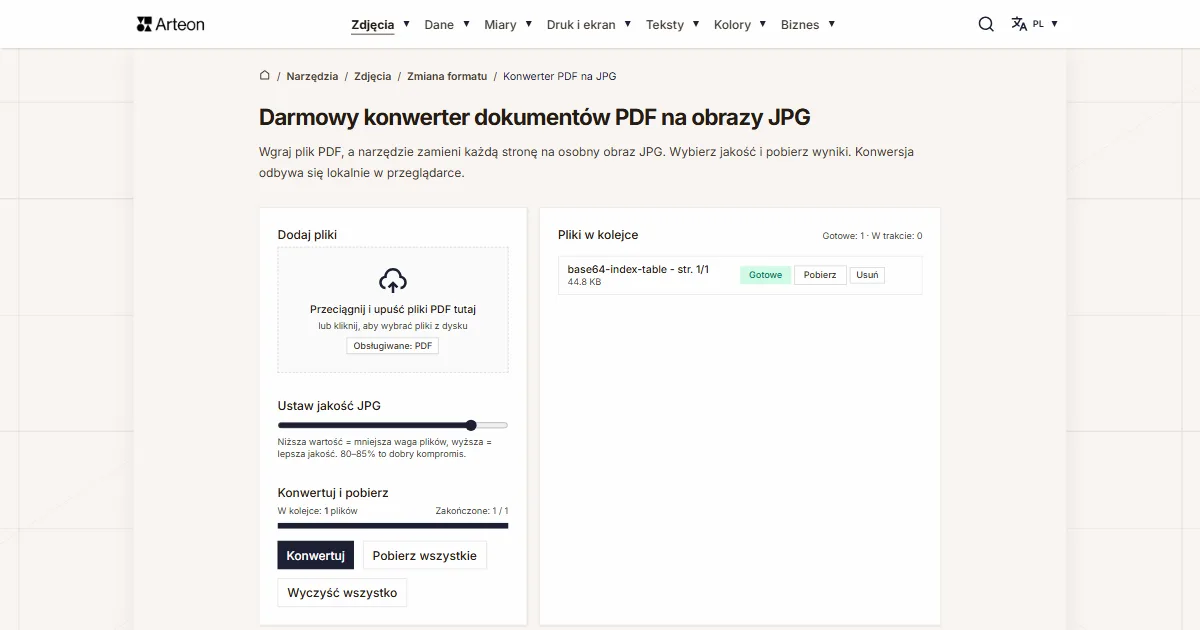 Zrzut ekranu darmowego narzędzia Arteon: Darmowy konwerter dokumentów PDF na obrazy JPG