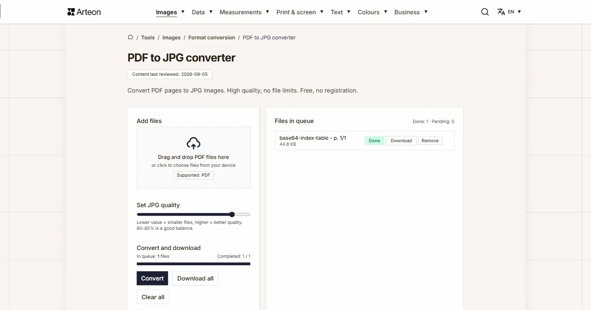 Arteon free tool screenshot: PDF to JPG converter
