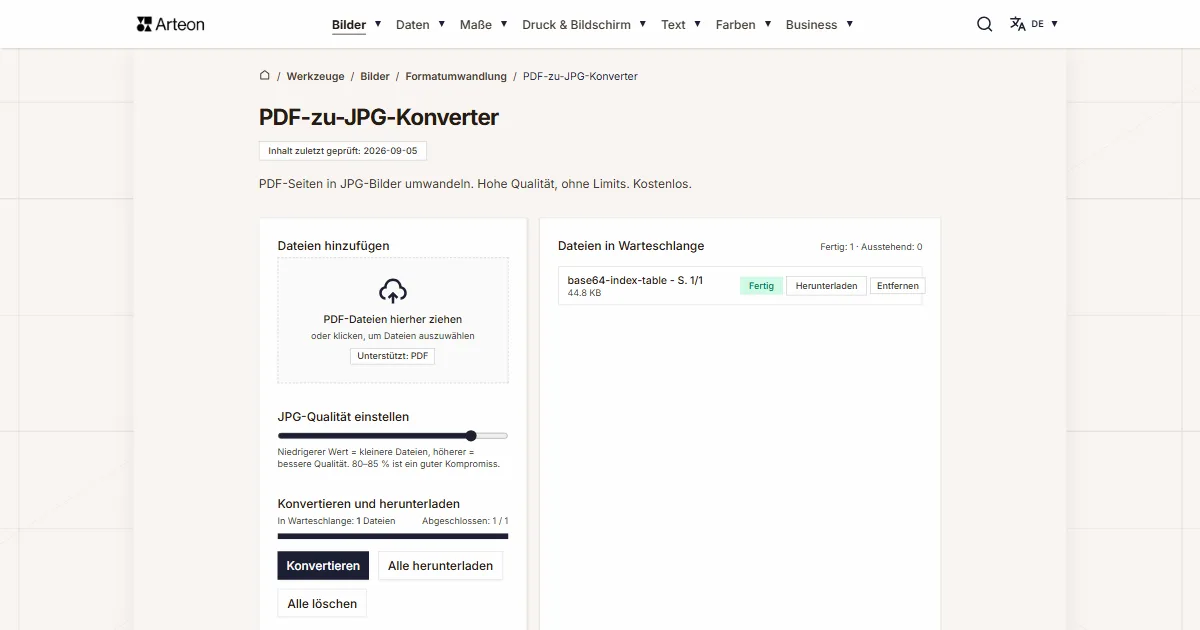 Screenshot des kostenlosen Arteon-Werkzeugs: PDF-zu-JPG-Konverter