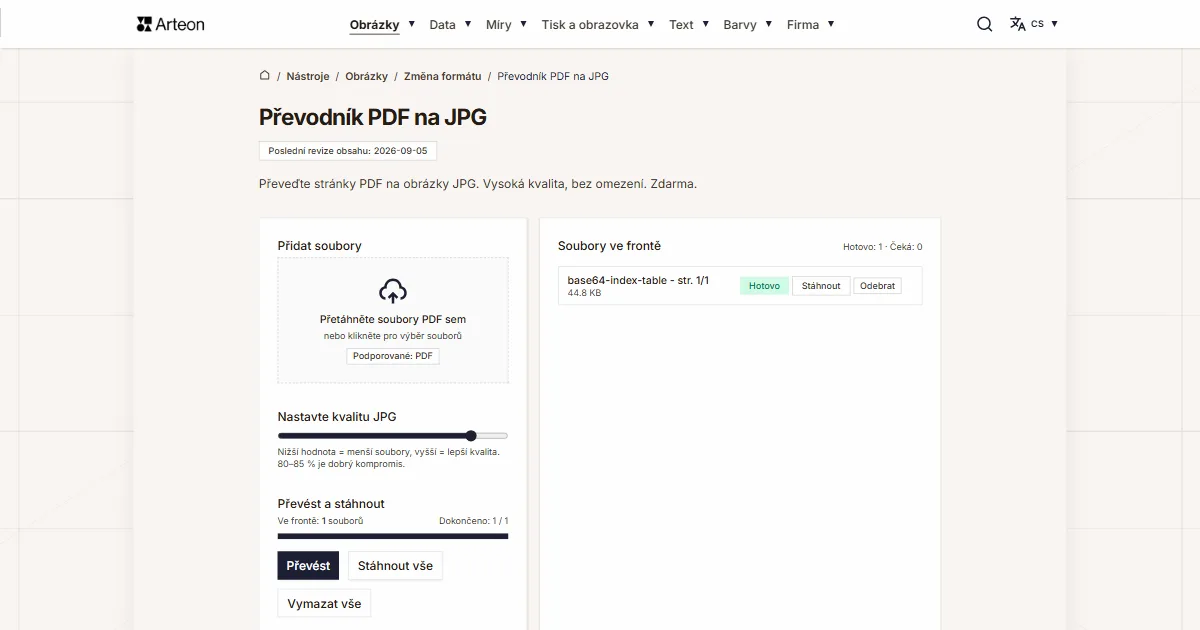 Snímek obrazovky bezplatného nástroje Arteon: Převodník PDF na JPG