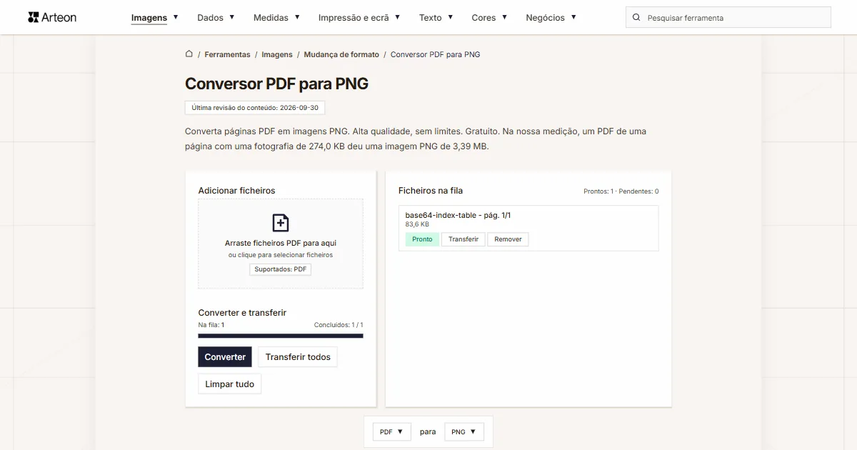 Captura de ecrã da ferramenta gratuita da Arteon: Conversor PDF para PNG