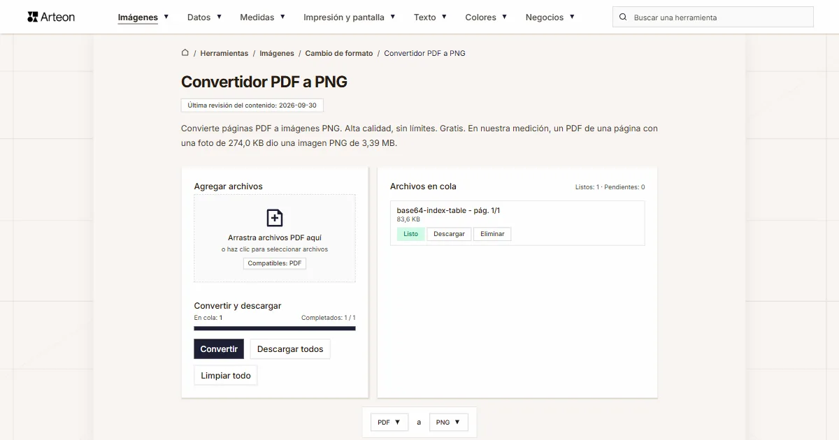 Captura de pantalla de la herramienta gratuita de Arteon: Convertidor PDF a PNG