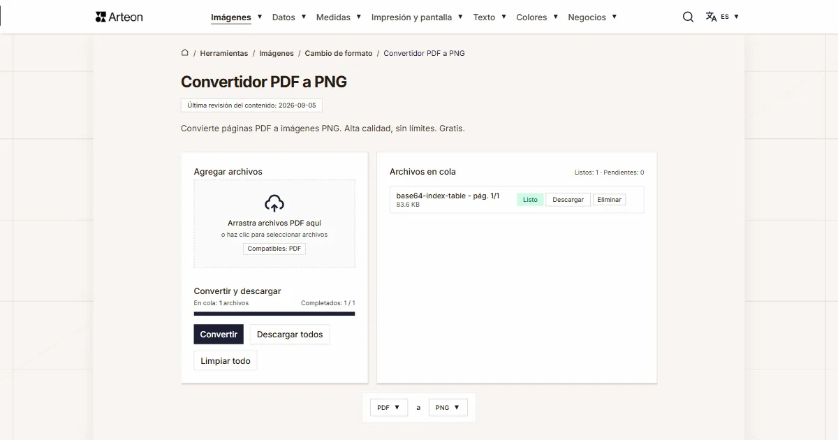 Captura de pantalla de la herramienta gratuita de Arteon: Convertidor PDF a PNG