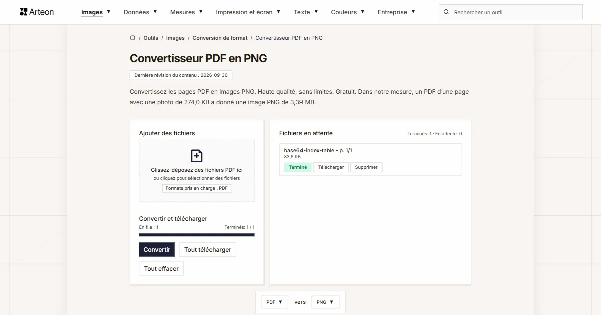 Capture d'écran de l'outil gratuit d'Arteon: Convertisseur PDF en PNG